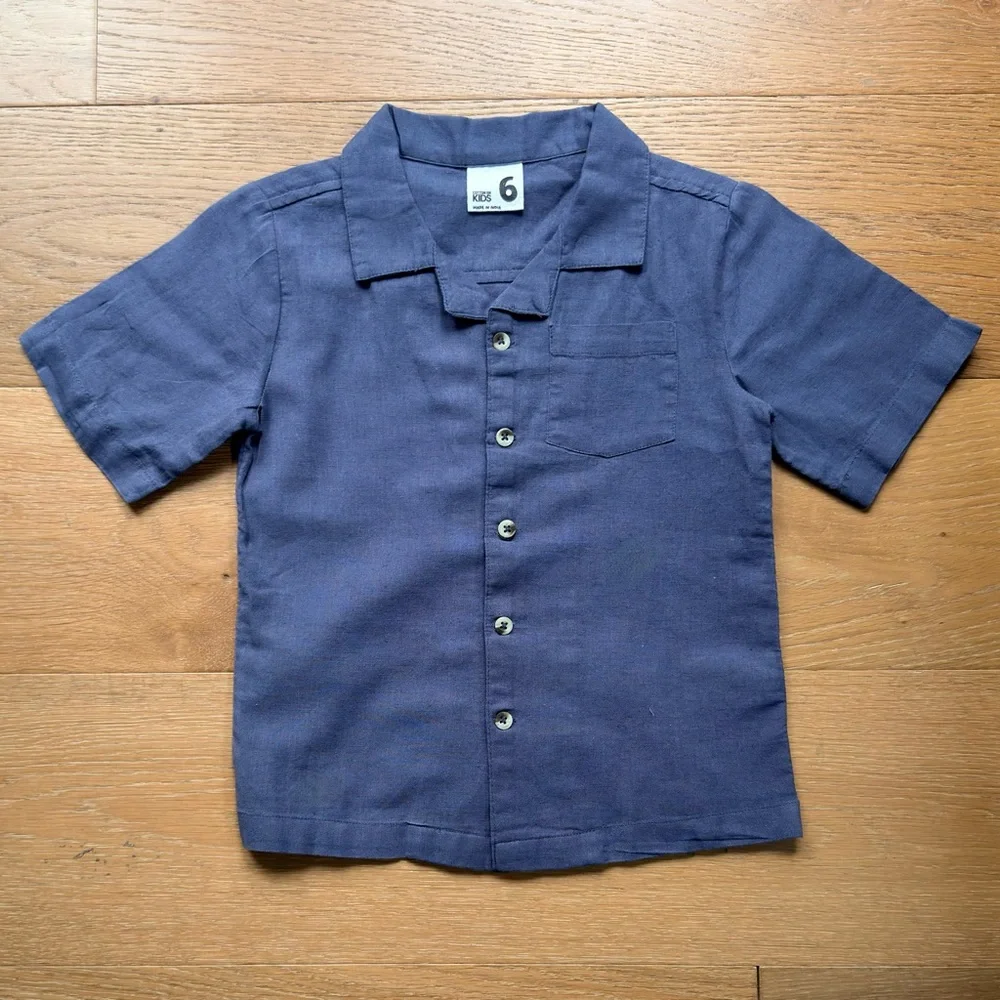 Cotton On Boys Linen Button-Up Shirt Coastal Relaxed Gray Size 6